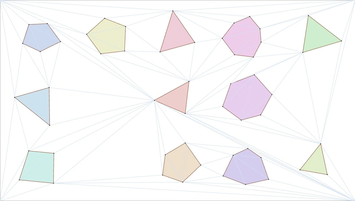 Triangulator Game Core demo showing 12 polygon obstacles in a triangle mesh